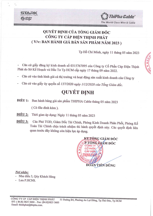 bang gia day cap dien thinh phat