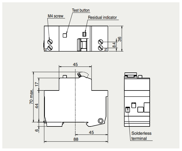 Bản vẽ RCBO Mitsubishi 1P+N 30mA 6kA BV-DN6