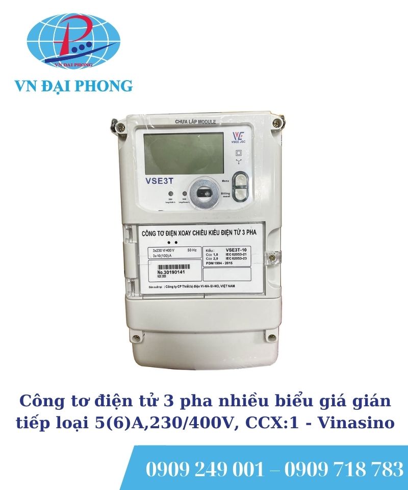 Công tơ điện tử 3 pha Vinasino nhiều biểu giá gián tiếp loại 5(6)A, 230/400V, CCX:1