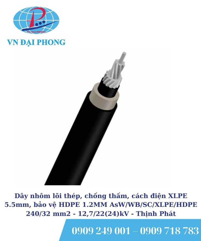 Dây nhôm lõi thé Thịnh Phát, chống thấm, cách điện XLPE 5.5mm, bảo vệ HDPE 1.2MM, AsW/WB/SC/XLPE/HDPE 240/32 mm2 - 12,7/22(24)kV