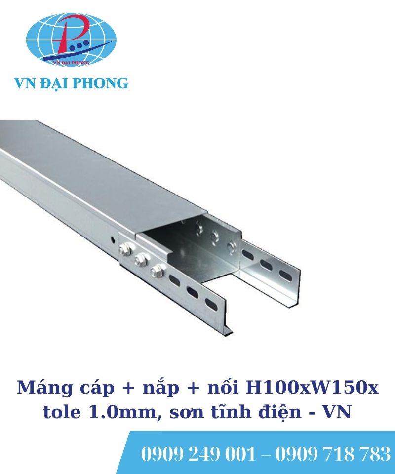Máng cáp + nắp + nối H100xW150x tole 1.0mm, sơn tĩnh điện