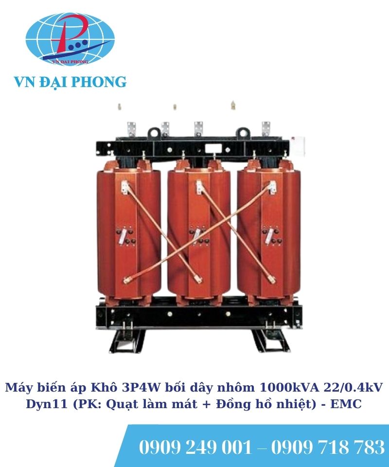 Máy biến áp Khô 3P4W EMC bối dây nhôm 1000kVA 22/0.4kV Dyn11 (PK: Quạt làm mát + Đồng hồ nhiệt)