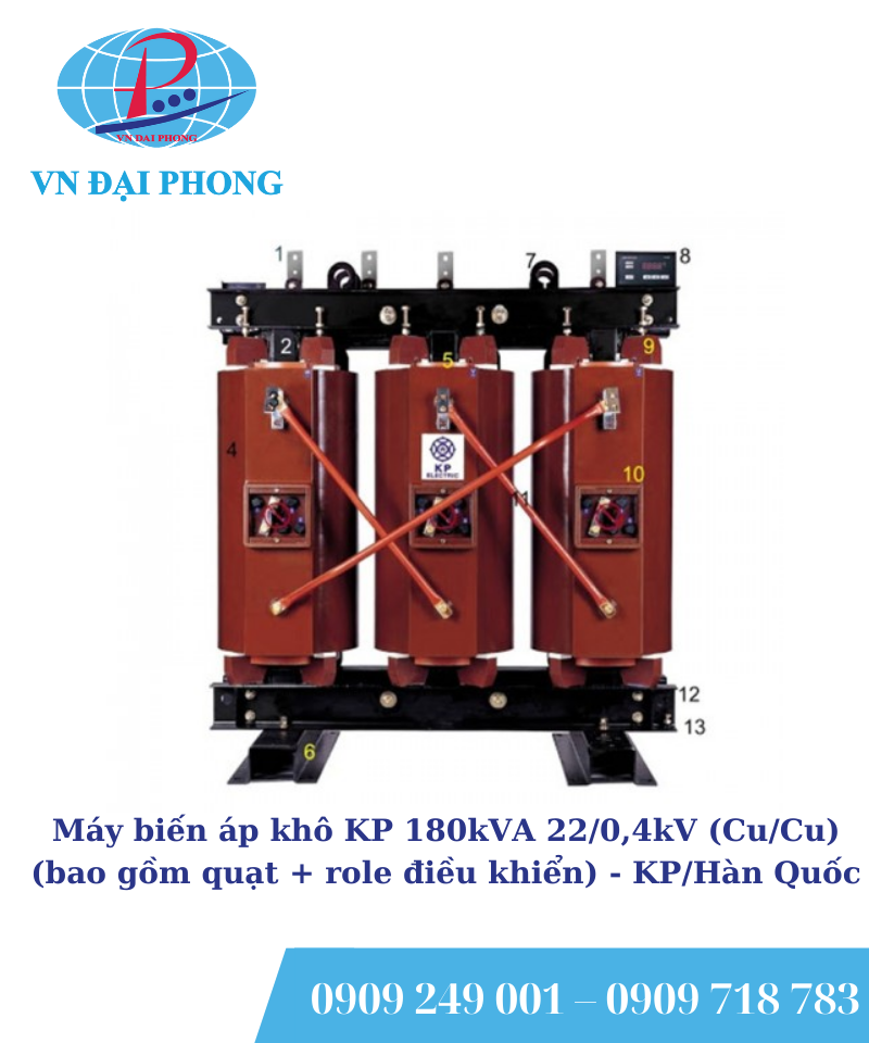 Máy biến áp khô KP 180kVA 22/0,4kV (Cu/Cu) (bao gồm quạt + role điều khiển)