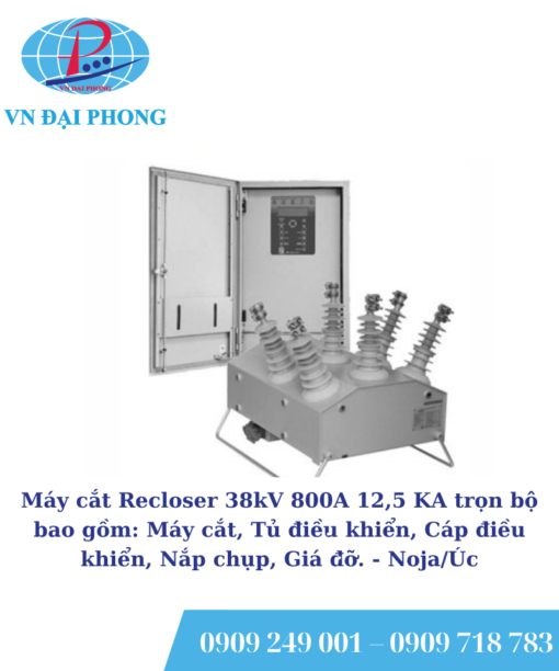 Máy cắt Recloser Noja/Úc 38kV 800A 12,5 KA trọn bộ bao gồm: Máy cắt, Tủ điều khiển, Cáp điều khiển, Nắp chụp, Giá đỡ.