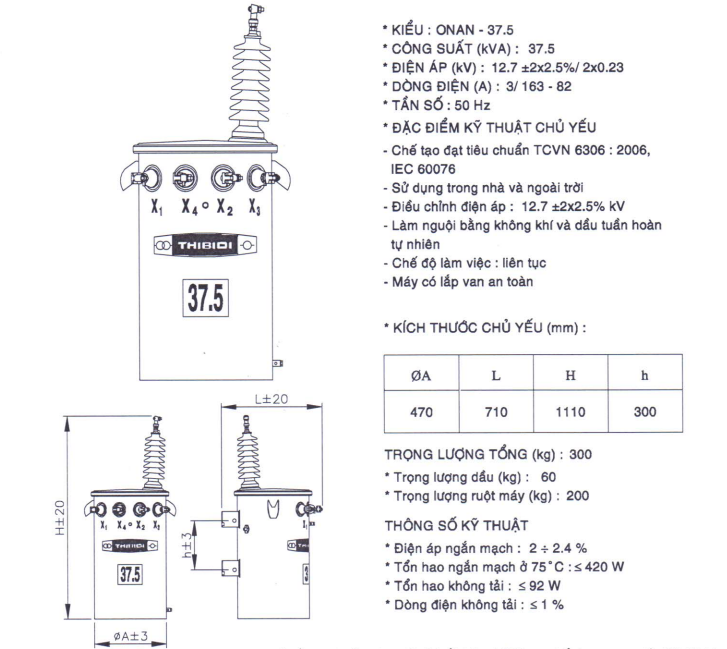 Thông số kỹ thuật và cấu tạo Máy biến áp dầu 1Pha THIBIDI 37.5KVA 12.7/0.23KV -TCKT: 3370/QĐ HCMC-KT