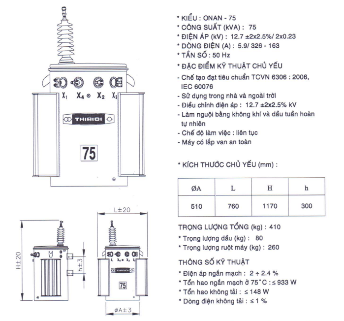 Thông số kỹ thuật của Máy biến áp dầu 1 pha THIBIDI 25KVA 22/0.23KV Amorphous