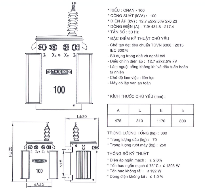 Thông số kỹ thuật của Máy biến áp dầu 1 pha THIBIDI 25KVA 22/0.23KV Amorphous