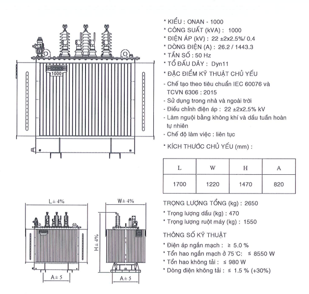 Thông số kỹ thuật của Máy biến áp dầu 1 pha THIBIDI 25KVA 22/0.23KV Amorphous 