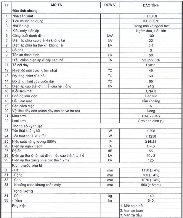 Thông số kỹ thuật của Máy biến áp dầu 1 pha THIBIDI 25KVA 22/0.23KV Amorphous