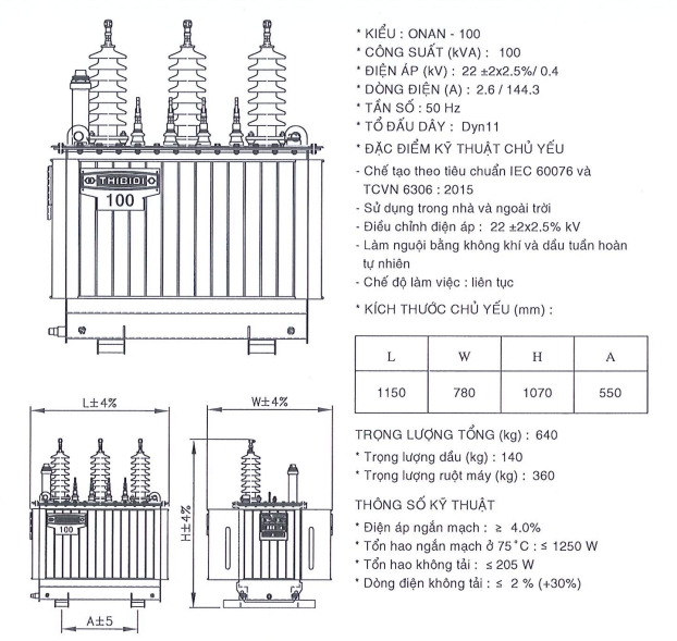 Thông số kỹ thuật của Máy biến áp dầu 1 pha THIBIDI 25KVA 22/0.23KV Amorphous