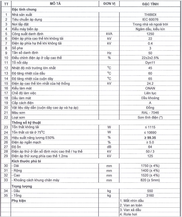 Thông số kỹ thuật của Máy biến áp dầu 1 pha THIBIDI 25KVA 22/0.23KV Amorphous