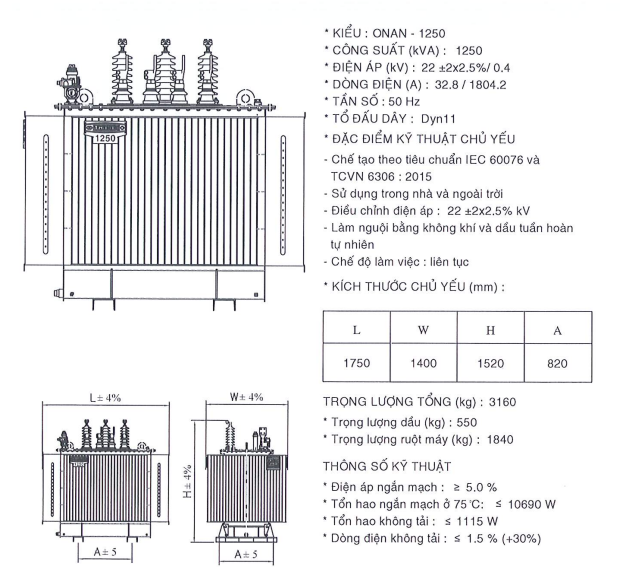Thông số kỹ thuật của Máy biến áp dầu 1 pha THIBIDI 25KVA 22/0.23KV Amorphous