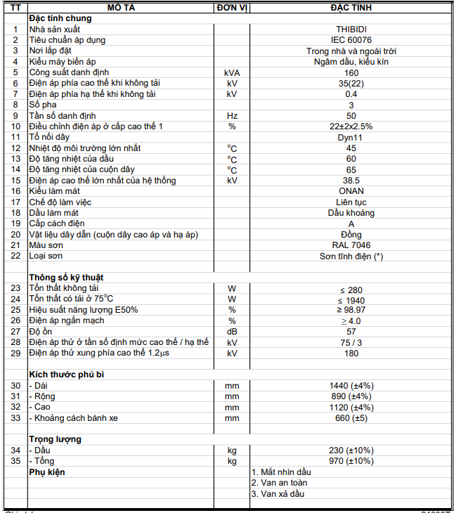 Thông số kỹ thuật của Máy biến áp dầu 1 pha THIBIDI 25KVA 22/0.23KV Amorphous
