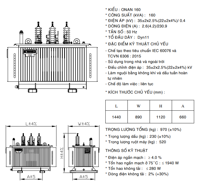 Thông số kỹ thuật của Máy biến áp dầu 1 pha THIBIDI 25KVA 22/0.23KV Amorphous