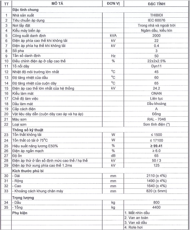 Thông số kỹ thuật của Máy biến áp dầu 1 pha THIBIDI 25KVA 22/0.23KV Amorphous