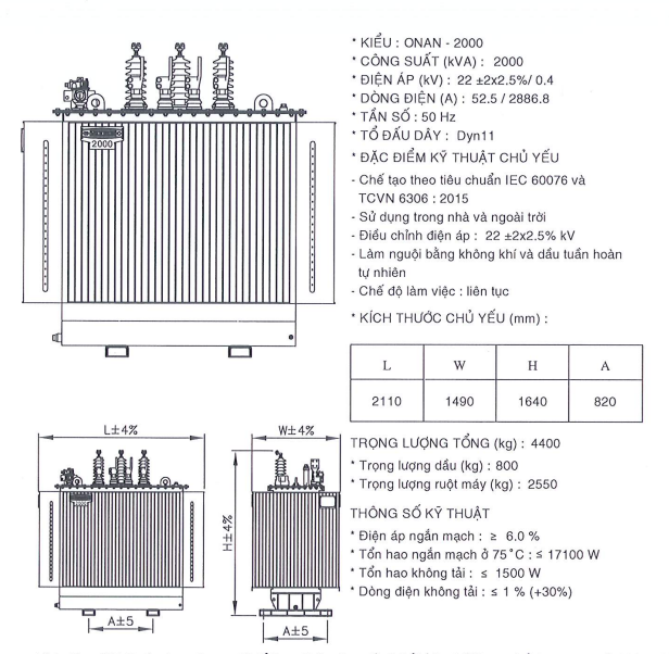 Thông số kỹ thuật của Máy biến áp dầu 1 pha THIBIDI 25KVA 22/0.23KV Amorphous