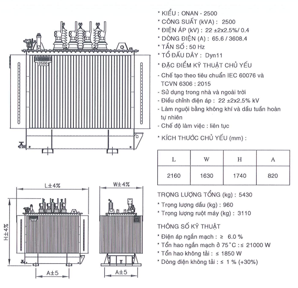 Thông số kỹ thuật của Máy biến áp dầu 1 pha THIBIDI 25KVA 22/0.23KV Amorphous