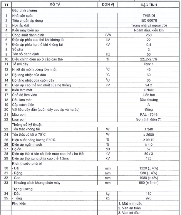 Thông số kỹ thuật của Máy biến áp dầu 1 pha THIBIDI 25KVA 22/0.23KV Amorphous