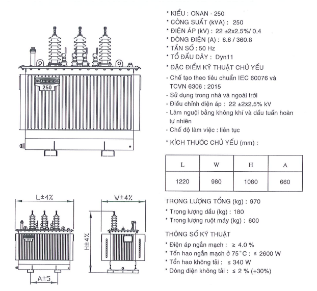 Thông số kỹ thuật của Máy biến áp dầu 1 pha THIBIDI 25KVA 22/0.23KV Amorphous