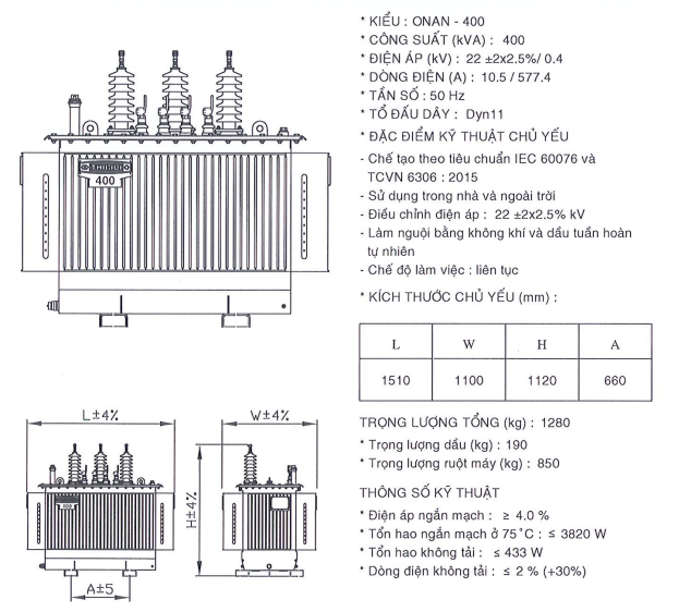 Thông số kỹ thuật của Máy biến áp dầu 1 pha THIBIDI 25KVA 22/0.23KV Amorphous