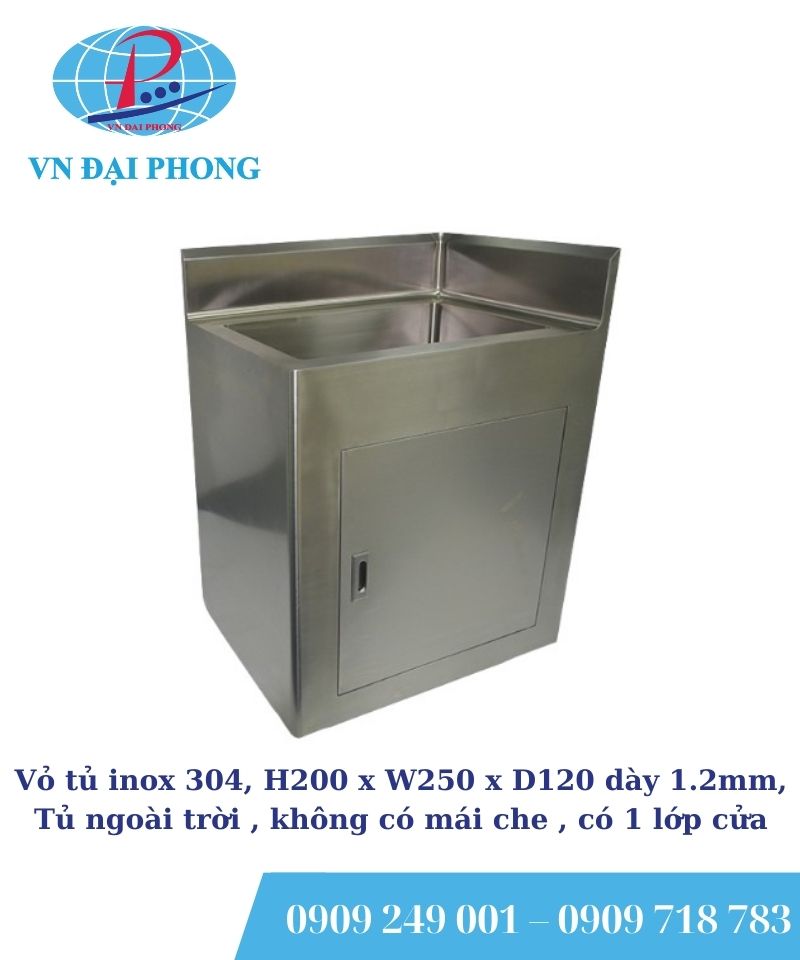 Vỏ tủ inox 304, H200 x W250 x D120 dày 1.2mm, Tủ ngoài trời, không có mái che, có 1 lớp cửa