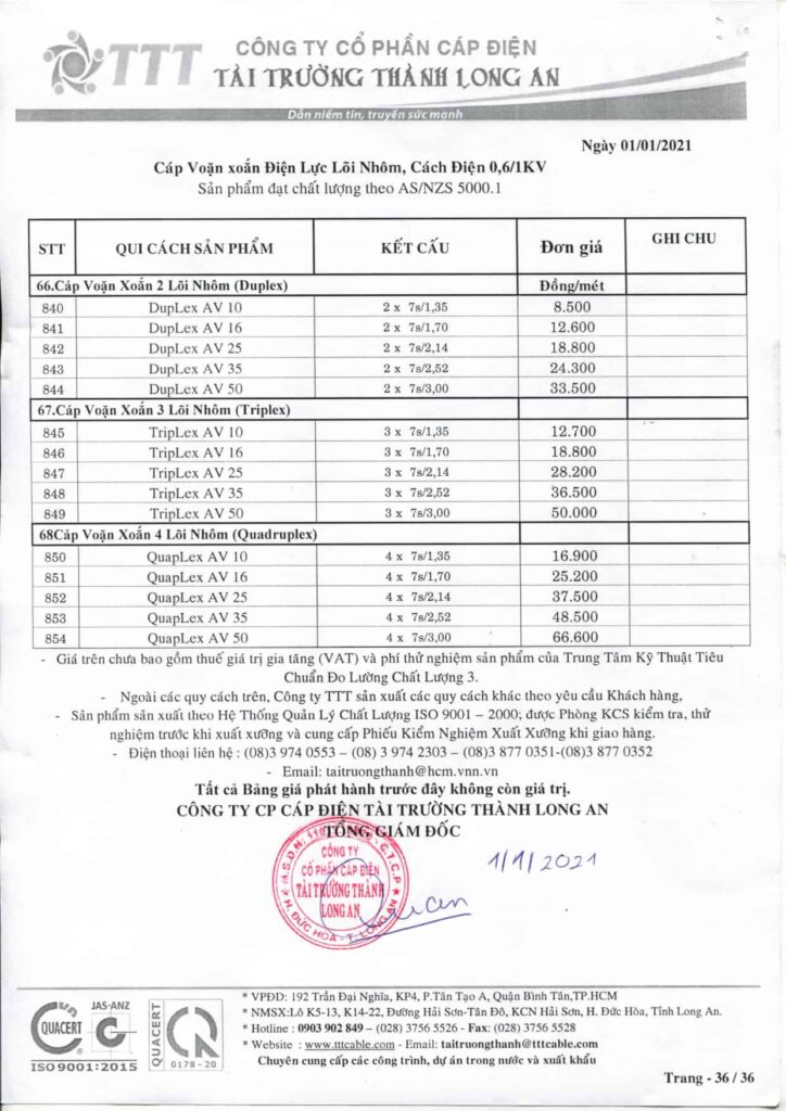 Bảng giá dây cáp điện Tài Trường Thành cáp điện lực trung thế treo chống thấm + bán dẫn, cách điện 18/30(36)kV – 8.0mm theo TCVN 5064 & TCVN 5935-2